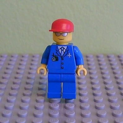 LEGO Minifigure-Airport - Blue 3 Button Jacket & Tie, Red Cap, Silver Sunglasses with Thin Smile (7904)-Town / City / Airport-AIR036-Creative Brick Builders